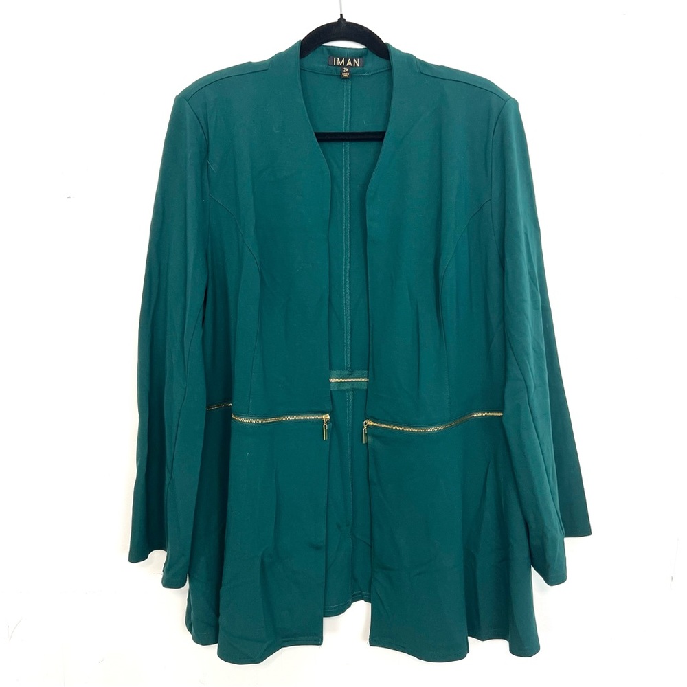 IMAN Jacket Emerald Green Gold‎ Zip Around Padded Shoulder Stretch Knit 2X